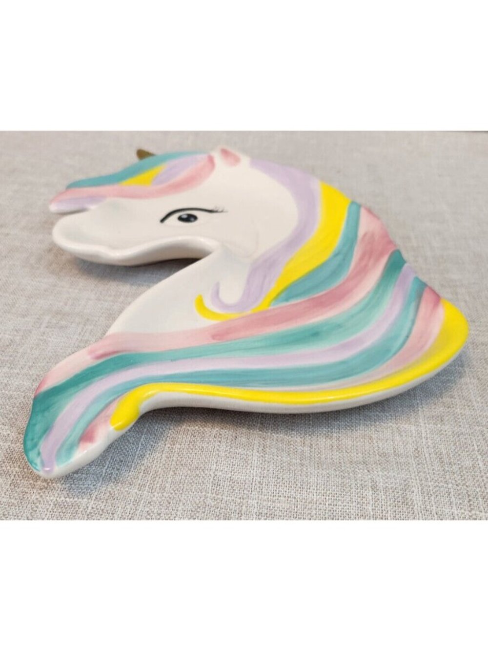 Ceramic Unicorn Cookie Plate Color Mane Gold Look Horn Cracker Barrel 12"L x 7" - Picture 2 of 6